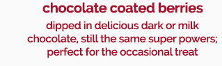dipped in delicious dark or milkchocolate, still the same super powers;perfect for the occasional treat